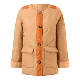 Women's Jackets Autumn And Winter Loose Quilted Cotton Color Block Double Patch Pocket Jacket Ladies Vintage Coat