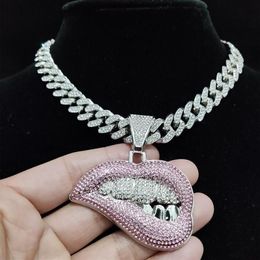 Pendant Necklaces Hip Hop Bite Lip Shape Necklace With 13mm Crystal Cuban Chain Iced Out Bling Hiphop Fashion Jewellery For Men WoPe245S