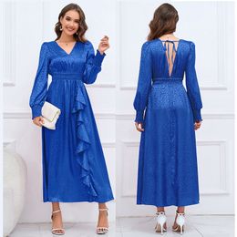 Vintage Silk Satin Party Blue Backless Dress Robe Lantern Sleeve Woman Designer V-Neck Slim Ruffle Ruched Vacation Dresses 2023 Spring Fall Elegant Fit Runway Frocks