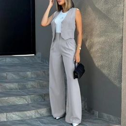 Women's Two Piece Pants Commuting Women Fashion Pure Colour Suit Solid Tank & High Waist Trousers Sets Sleeveless Blazer Vest Tops And Wide