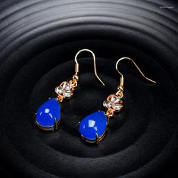 Dangle Earrings Natural Blue Jade Water Drop Women Fine Jewellery Accessories Genuine Myanmar Jadeite Zircon Rose Gold Teardrop Earring