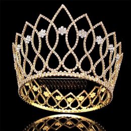 Luxury Tall Crown Huge Full Tiara Round Headpiece Wedding Crystal Rhinestone Jewellery Bridal Headdress Floral Flower Hair Comb Hair273v