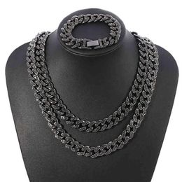 Whole Black 13mm Iced Out Cubic Zircon Diamond CZ Cuban Link Chain Miami Cuba Necklace Bracelet Hip Hop Jewellery For Men274w