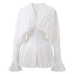 Women's Blouses Shirts Elegant Women Loose White VNeck Pleated Female Lantern Full Sleeve Tops Casual Blusas 2023 Spring Autumn DS4 231204