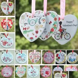 Party Favour Valentines Day Pendant Ornaments Party Gifts Round Heart-Shaped Ceramic Ornament Diy Gift Fall In Love Hanging Pendants Dr Dhhfp