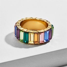 Gold filled fashion jewelry rainbow square baguette cz engagement ring for women colorful cubic zirconia cz eternity band ring243w