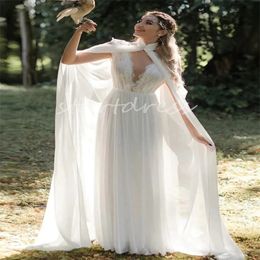 Gatsby Boho Wedding Dress With Caped Fairy Tale Elf Celtic Bride Dress 2024 Elegant Country Style Chiffon Beach Lace Garden Forset Bridal Gowns Mariage Novias Korean