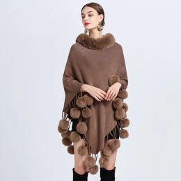 Scarves 5 Colour Loose Poncho Bottom Pompon Cape Winter Warm Faux Rabbit Fur Neck Cloak Out Street Pullover Shawl Streetwear 231204