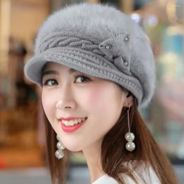 Ball Caps Winter Women Beret Hat Flower Faux Pearls Solid Color Ear Protection Imitation Fur Stretchy Knitted Peaked Streetwear