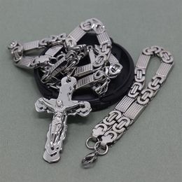 8mm Flat Byzantine Chain Stainless Steel Necklace For Men's Jesus Cross Pendant jewelry2441