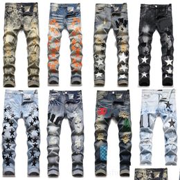 Men'S Jeans Mens Designer For Men European Jean Hombre Pants Trousers Biker Embroidery Ripped Trend Cotton Fashion Cargo Black Hip D Dhsdb