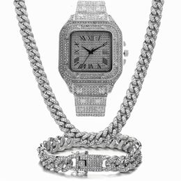 Chains Iced Out Chain Bling Miami Cuban Link Rhinestone Watch Necklaces Bracelet Women Men Jewelry Set Hip Hop Choker216q