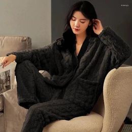 Women's Sleepwear Women Pajama Sets Chic Solid Single Breasted Ulzzang Comfortable Homewear Females Thick Warm Soft Flannel Simple Leisure