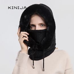 BeanieSkull Caps Winter Fur Cap Mask Set Hooded for Women Knitted Cashmere Neck Warm Balaclava Ski Windproof Hat Thick Plush Fluffy Beanies hood 231204