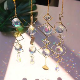 Crystal Geometric Wind Chime Star Moon Pendant Sun Suncatcher Plated Colourful Beads Hanging Drop For Outdoor Indoor Garden Q0811213G