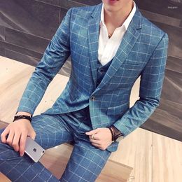 Men's Suits British Style Single Button Solid Elastic Business Suit Korean Classic Plaid Social Banquet Dress Set Men Wedding Groom's