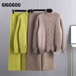 Womens Two Piece Pants GIGOGOU Cashmere Women Sweater Tracksuits Wide Leg Pant Suits Thick Warm Female Set 2Two Sets Cloth 231204