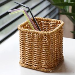 Kitchen Storage Rattan Pencil Holder Wicker Pen Cup Makeup Brushes Woven Vine Desk Organiser Container Box Office Home