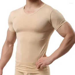 Men's Suits A2792 Man Undershirt Ice Silk T Shirts Male Nylon V-neck Short Sleeves Tops Ultra-thin Cool Sleepwear