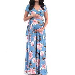 Loyisvidion Womens Dresses Clearance Plus Size V-neck Short-sleeved Belt Printed Maternity Dress for Women Blue M