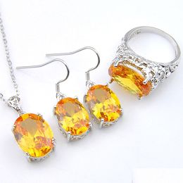 Wedding Jewellery Sets 3Pcs/Set Luckyshine Wedding Engagement Weddings Jewellery Fire Brazil Citrine Gems 925 Sterling Sier Necklace Penda Dhg3E