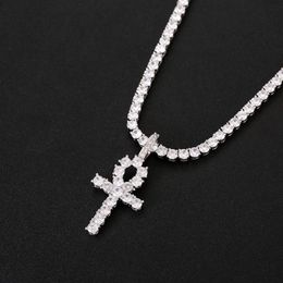 Iced Out CZ Key of Life Egypt Cross Pendant Necklace 4mm Tennis Chain SGold Silver for Men Hiphop Jewelry294G