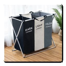 Foldable Dirty Laundry Basket Organizer X-shape Printed Collapsible Three Grid Home Laundry Hamper Sorter Laundry Basket Large T20263y