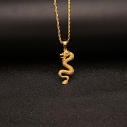 18K Gold Plated Gold Dragon Pendant Necklace Mens Charm with 24inch Cuban Link Chain Hip Hop Jewelry280i