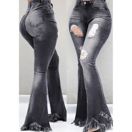 Women's Jumpsuits Rompers Full Length Denim Flare s Pants Pocket Holes Bell Bottom Trousers Boot Cut Ruffle Women Jeans 231205