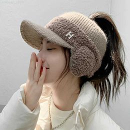 Ball Caps CNTANG 2022 Fashion Trend With Earflaps Empty Top Baseball Caps Lambswool Knitted Women's Hat Autumn Winter Thicker Warm CapL23125