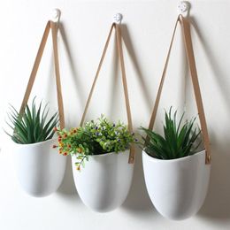 3pcs Succulent Home Flower Pot Holder Decorative With Rope Hanging Planter Wall White Practical Elegant Modern Ceramic C1115317z