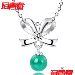 Pendant Necklaces Korean Version Of The Jewelry With Diamonds Jade Necklace Net Red Bow Ruby Chalcedony Green Agate Female Crystal D Dhalz