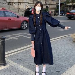 Casual Dresses TEROKINIZO Preppy Style Vintage Denim Dress Women Stand Collar Puff Sleeve Single Breasted Female Solid Color Robe Femme