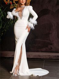V Neck for Women Elegant Feathers Long Sleeve Evening Dresses New Fashion Diamonds Split Slim Dress
