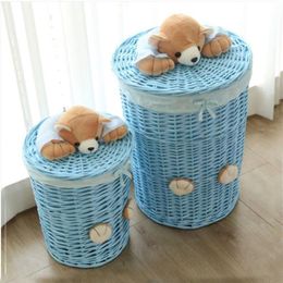 Small & Large laundry basket Organiser woven wicker baskets Round Laundry Hamper Sorter Storage Basket with Bear Head Lid cesta LJ2320