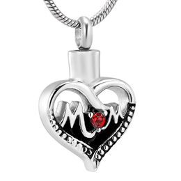 IJD12454 Red Stone Inlay Heart Cremation Pendant Hold Loved ones Ashes Waterproof Stainless Steel Memorial Urn Necklace188P