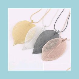 Pendant Necklaces Wholesale Summer Jewelry Fashion Europe Gold Leaf Long Necklaces Natural Real Leaves 24 Inches Chain Pendant Necklac Dhfjb