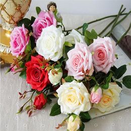 Wedding decoratio high quality artificial flowers Vivid real touch roses Artificial Silk Flower Bride Home Decorative 3 heads bouq211g