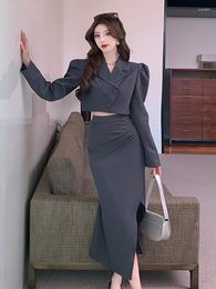 Work Dresses Autumn Temperament Blazer Two Piece Set Women Notched Puff Sleeve Short Tops Ladies Office Split Pencil Midi Skirt Suits