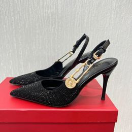 Sandals Metal Pin Buckle Pointed Water Diamond High Heel Shoes Women's Slender Heels Black One line Wrapped Sandals 231204