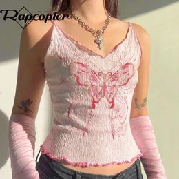 Women's Tanks Rapcopter Y2K Butterfly Crop Top Tie Up Trim Mini Vest Pink Knitted V Neck Cute Fairycore Camisole Women Chic Tee Korean