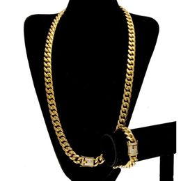 Stainless Steel Bracelets Necklace 24K Solid Gold Electroplate Casting Clasp W Diamond Cuban Link Necklace & Bracelet For Men Curb3072