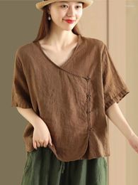 Women's Blouses Johnature Chinese Style Linen Women Shirts V-Neck Short Sleeve Button Solid Color Tops 2023 Summer Vintage