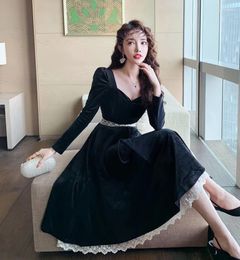 Casual Dresses Autumn Woman Black Vlevet Dress With Lace Romantic Lady Midi For Party Nigth Club Elegant Vestido Negro Robe Noir