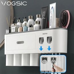 Toothbrush Holders VOGSIC Magnetic Holder Wall Storage Rack Cups With 2 Toothpaste Dispenser For Home Organiser Bathroom Accessories Set 231204