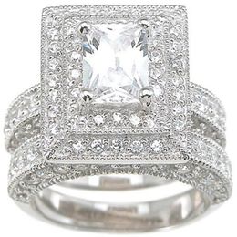 Professional Whole Vintage Jewellery Topaz Simulated Diamond 14KT White Gold Filled 3-in-1 Wedding Ring Set for christmas gift S252F