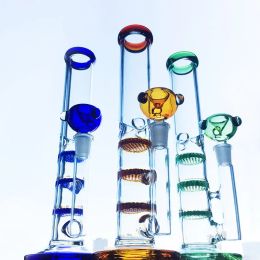 3 Colors Straight Tube Hookahs Heady Glass Bong Oil Dab Rigs Triple Percolator Colorful Bongs Water Pipes 14mm Joint With Bowl LL