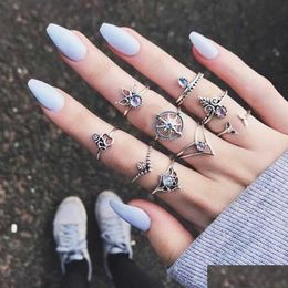 Band Rings Vintage Punk Knuckle Boho Midi Ring Set 9 Pcs/Set Mermaid Tail Compass Yoga Hollow Carved Wedding Drop Delivery Jewellery Dh6R0