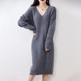 Casual Dresses 2023 Arrival Pure Wool V-Neck Soft Women Cashmere Sweater Loose Dress Menca Sheep Autumn Winter Knitted Female