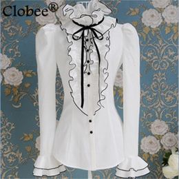 Women's Blouses Shirts Batas e Blusas spring and autumn white ruffle black ribbon bow bubble longsleeve shirt Elegant top blouses CD71 231204